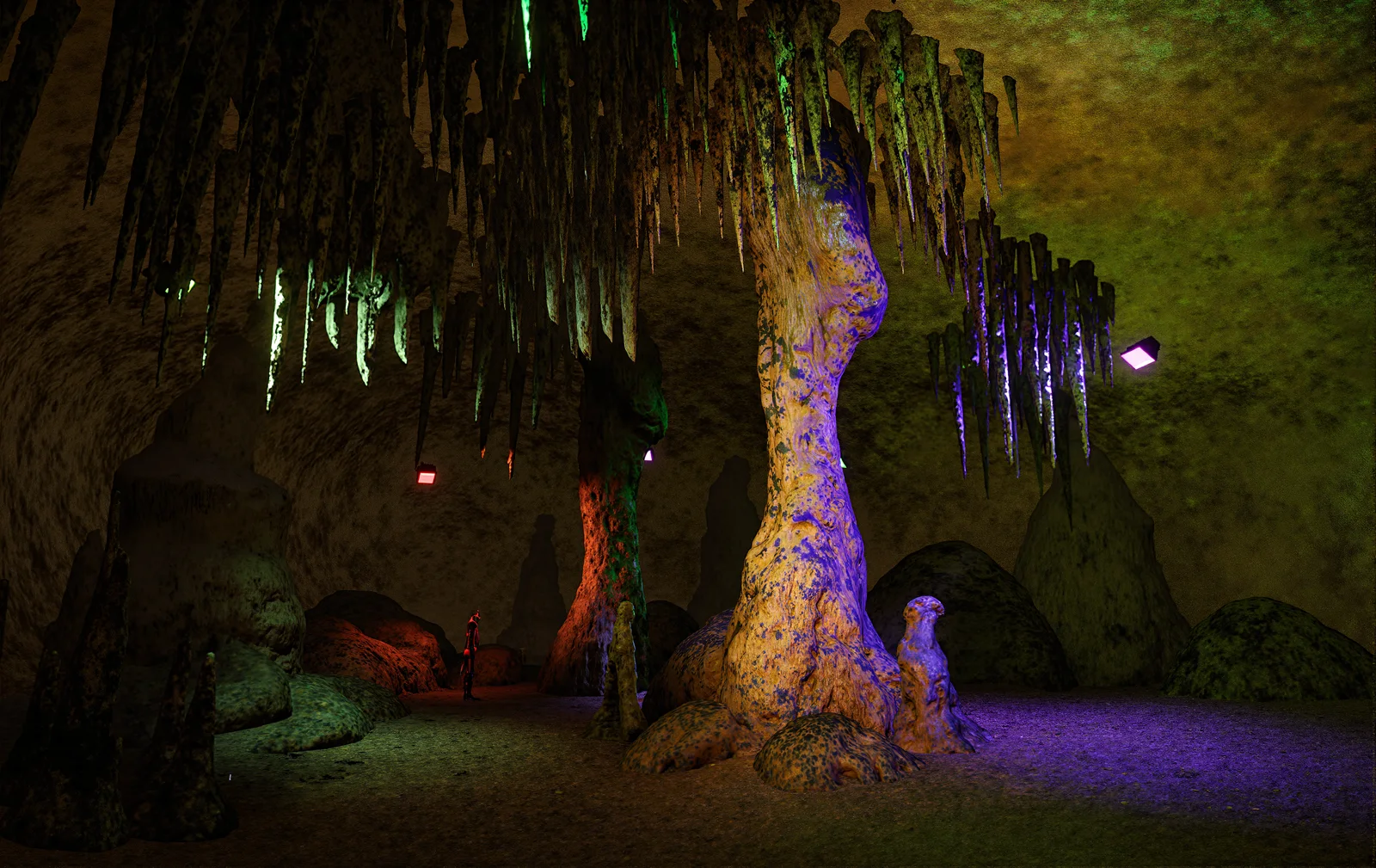 Colored light illuminates stalactites and rock columns inside the virtual cave.
